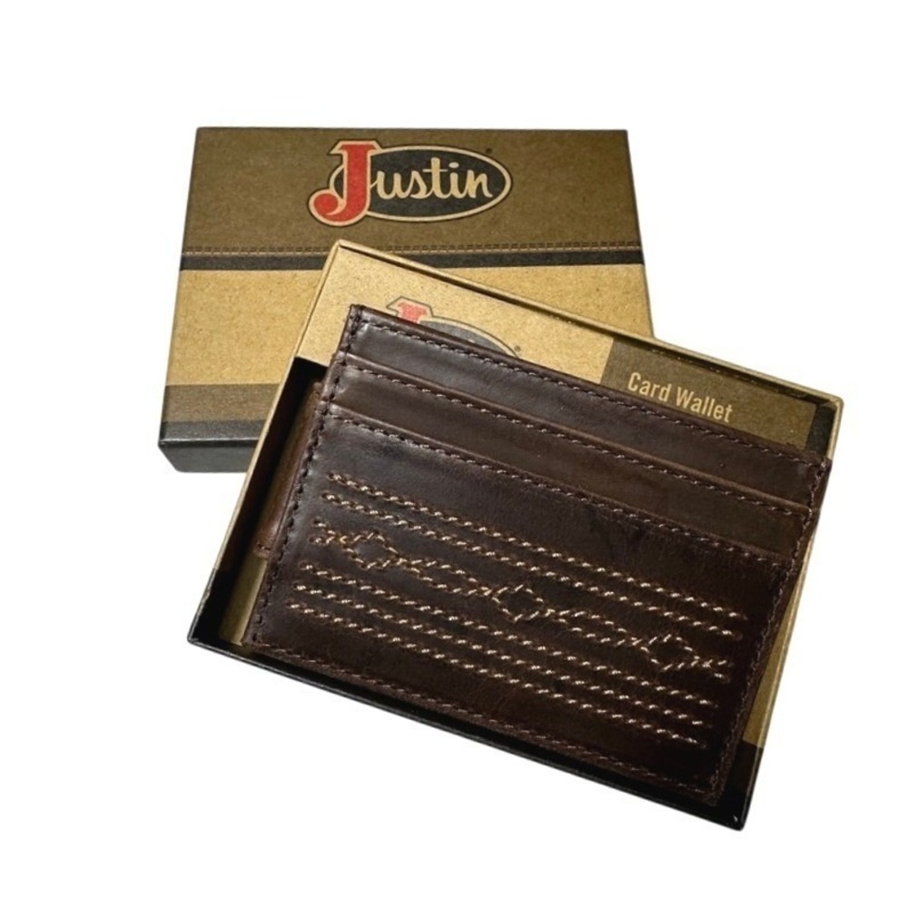 Justin Genuine Leather Card Wallet Stitching Magnetic Money Clip Brown NWT